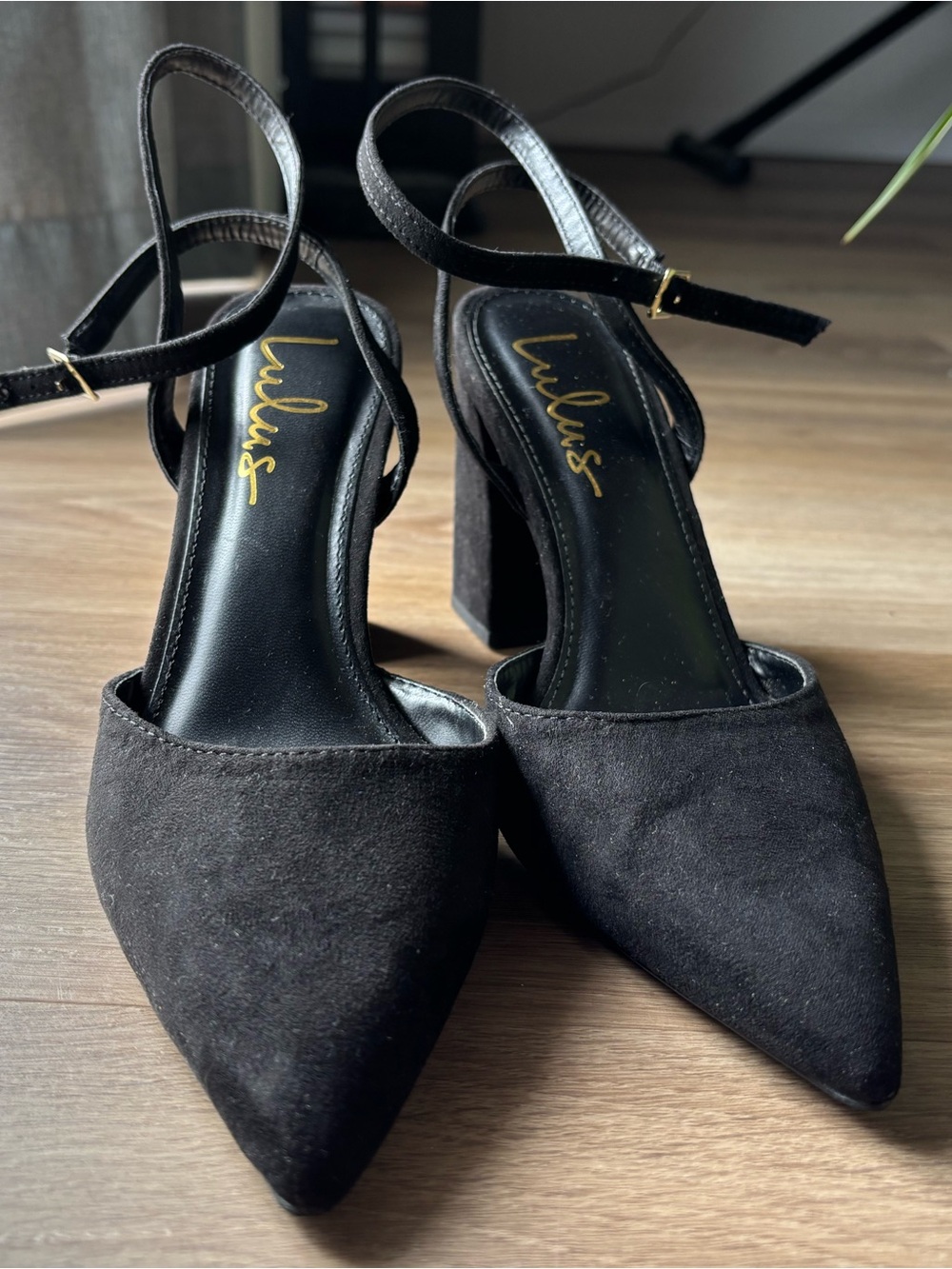 Lulu's Black Pointed Block (3 inch) Heel Ankle-Strap Pumps